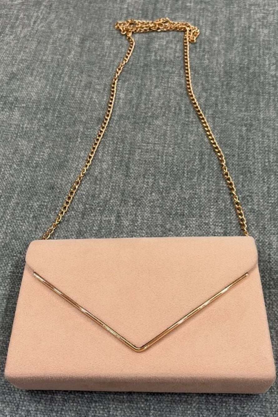 Blush Pink Faux Suede Envelope Clutch with Gold Tone Chain